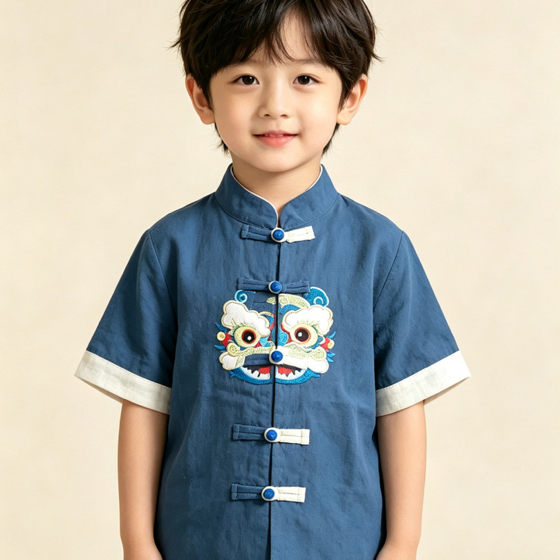 夏男童中式短袖醒狮刺绣汉服套装图片