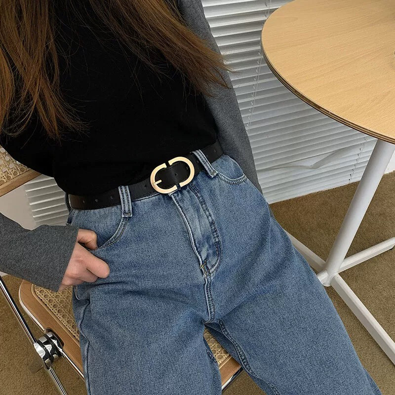 2024新款网红D字扣腰带女金属按扣百搭个性装饰连衣裙牛仔裤皮带