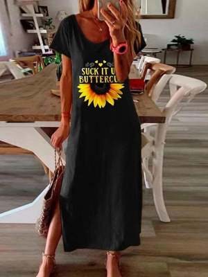 -Summer Split Sunflower Dress Eight Colors Six Sizes