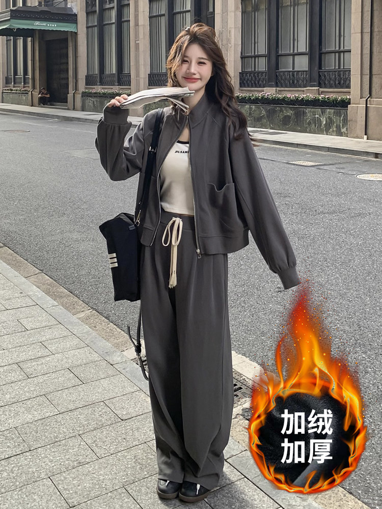 벨벳 패셔너블하고 슬림한 여성용 스웨트 셔츠 스포츠 슈트 겨울 홍콩 스타일 가디건 패셔너블한 런닝 슈트 캐주얼 투피스 세트