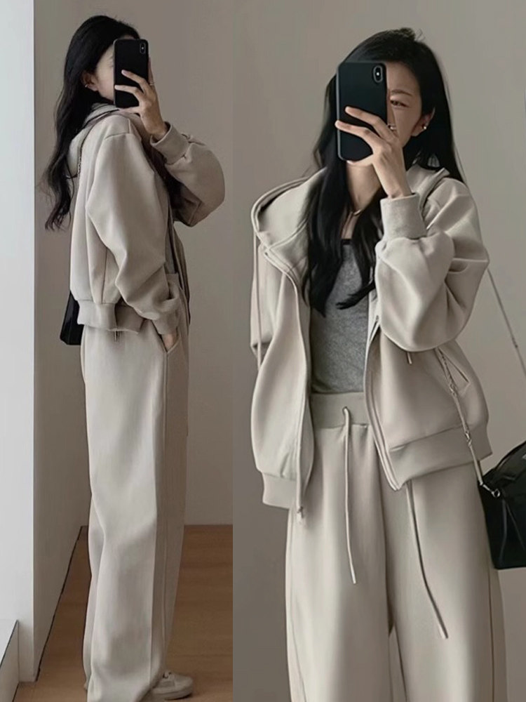 가을 겨울 캐주얼 운동복 스포츠 정장 여성 패션 홍콩 스타일 슬리밍 연령 감소 와이드 레그 팬츠 후드 러닝 투피스 트렌디 세트