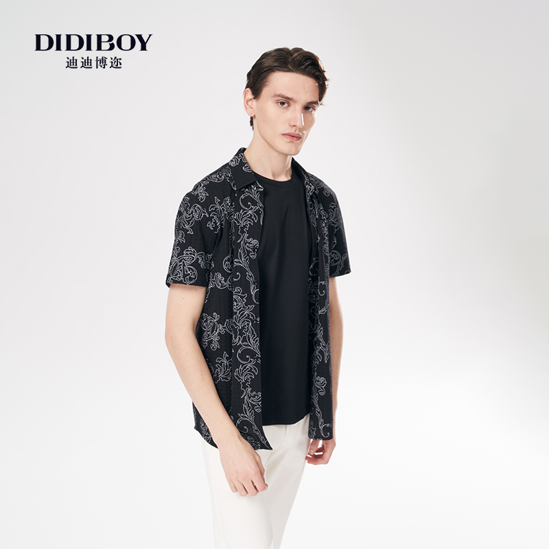【10%桑蚕丝】DIDIBOY夏季款黑色印花衬衫式高端短袖T恤品牌男装