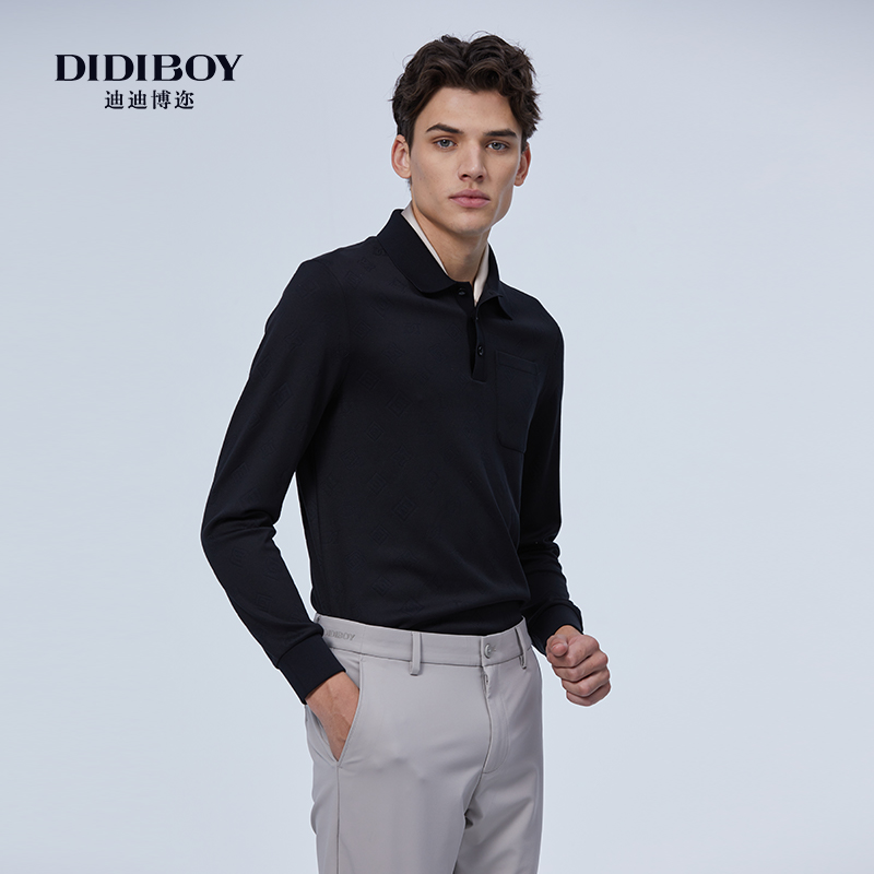 【12%桑蚕丝】DIDIBOY2025春夏季新款黑色polo领百搭长袖T恤衫男