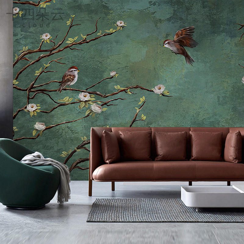美式壁纸画油画花鸟定制壁画卧室书房无纺布墙布客厅电视背景墙纸