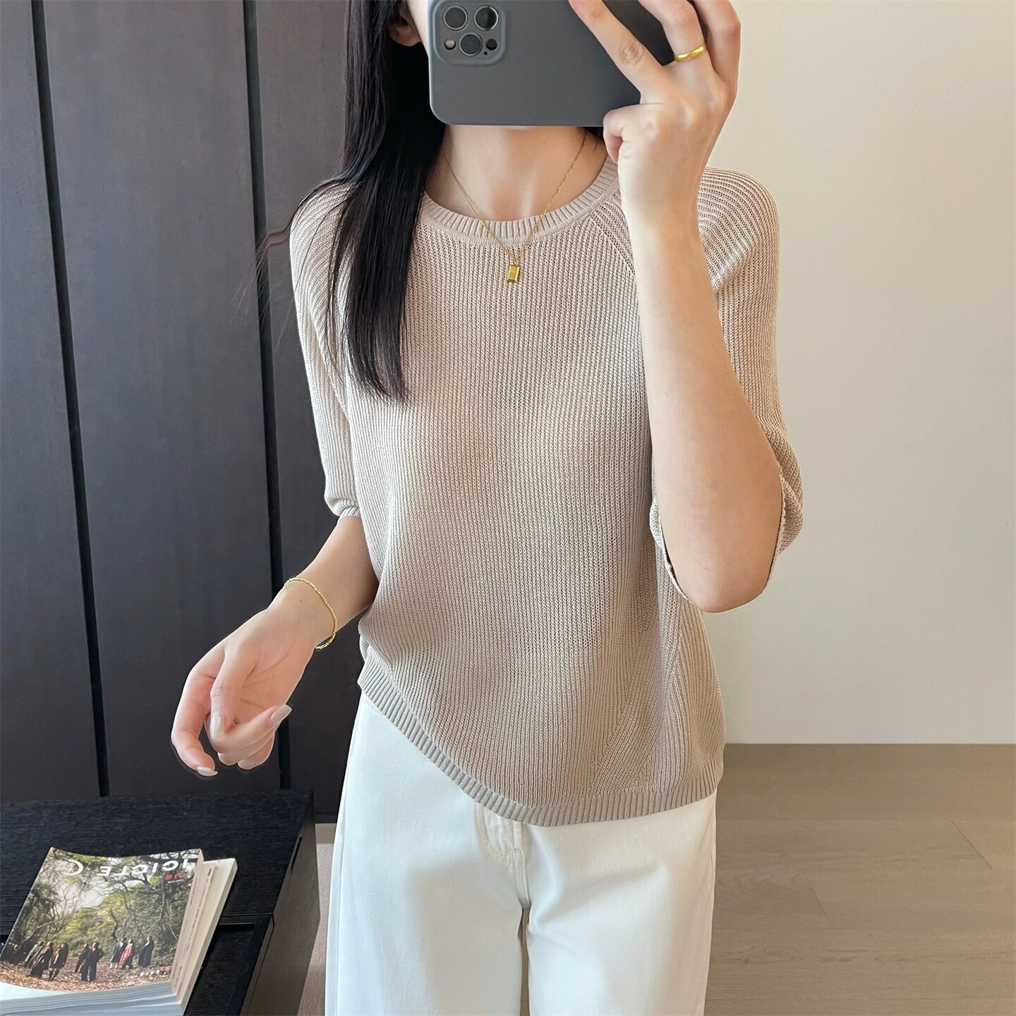 小禾莱赛尔天丝国际大牌女装亚麻七分袖条纹短袖小衫上衣针织衫女