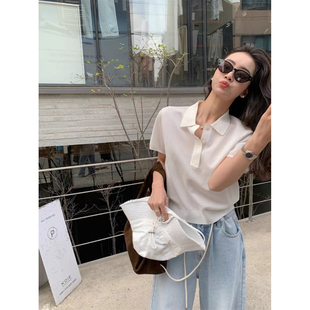 网红明星同款女装外贸出口女装法式天丝polo领半袖针织短袖t恤女
