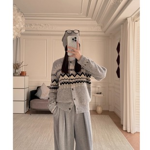 秦岚同款国际一线品牌费尔岛毛衣开衫100%羊毛撞色针织衫上衣女冬