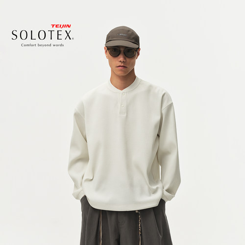 蓝岐SOLOTEX户外宽松休闲亲肤长袖T恤华夫格透气柔软POLO亨利领男