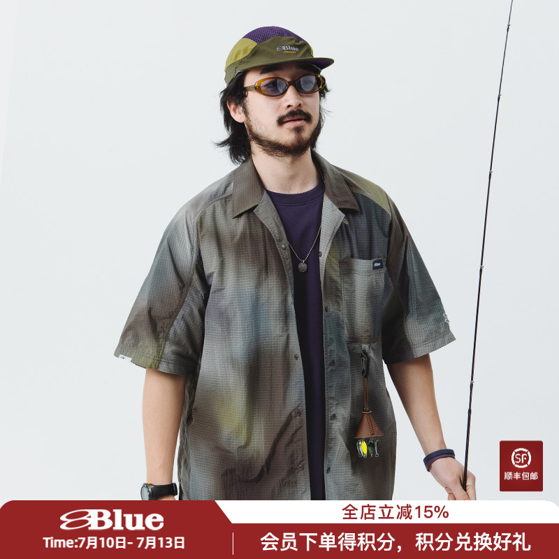 NothommeBLUE蓝岐扎染印花宽松休闲短袖男夏季翻领尼龙五分袖衬衫