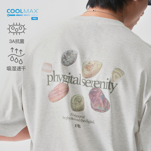 蓝岐石头印花夏季抗菌T恤COOLMAX PRO户外运动吸湿速干五分短袖男