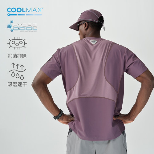蓝岐夏季拼布网眼透气T恤COOLMAX户外运动跑步吸湿速干抗菌短袖男