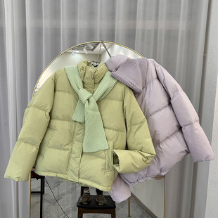 冬季新款国标90白鸭绒小个子短款羽绒服女立领兔绒针织围巾帽外套