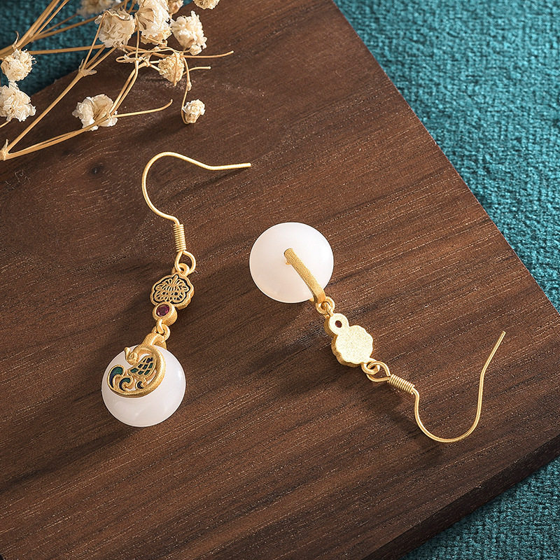 中国风中式珐琅彩凤凰景泰蓝仿和田玉平安扣耳环