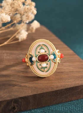 宫廷风珐琅彩景泰蓝镶玉戒