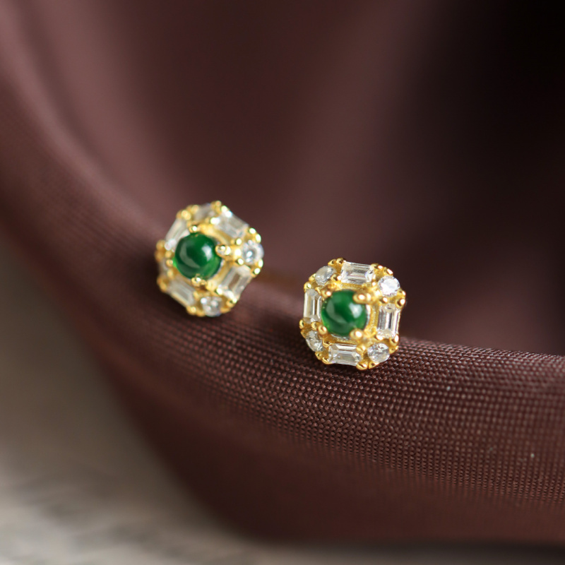 熹瑞S925纯银镀金翡翠耳钉