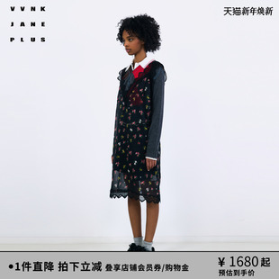 马思纯同款 新款 VVNK PLUS2025秋季 V领蕾丝印花连衣裙女 JANE