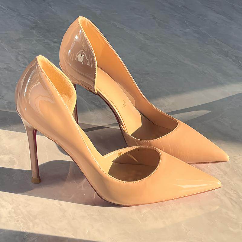 2024年新款漆皮侧空红底裸色高跟鞋女尖头细跟高不累脚职业单鞋女