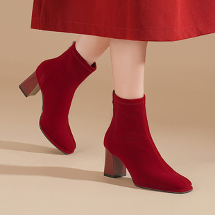 粗跟短靴女2025新款冬季高跟鞋不累脚秋冬季红色婚鞋新娘秀禾单靴