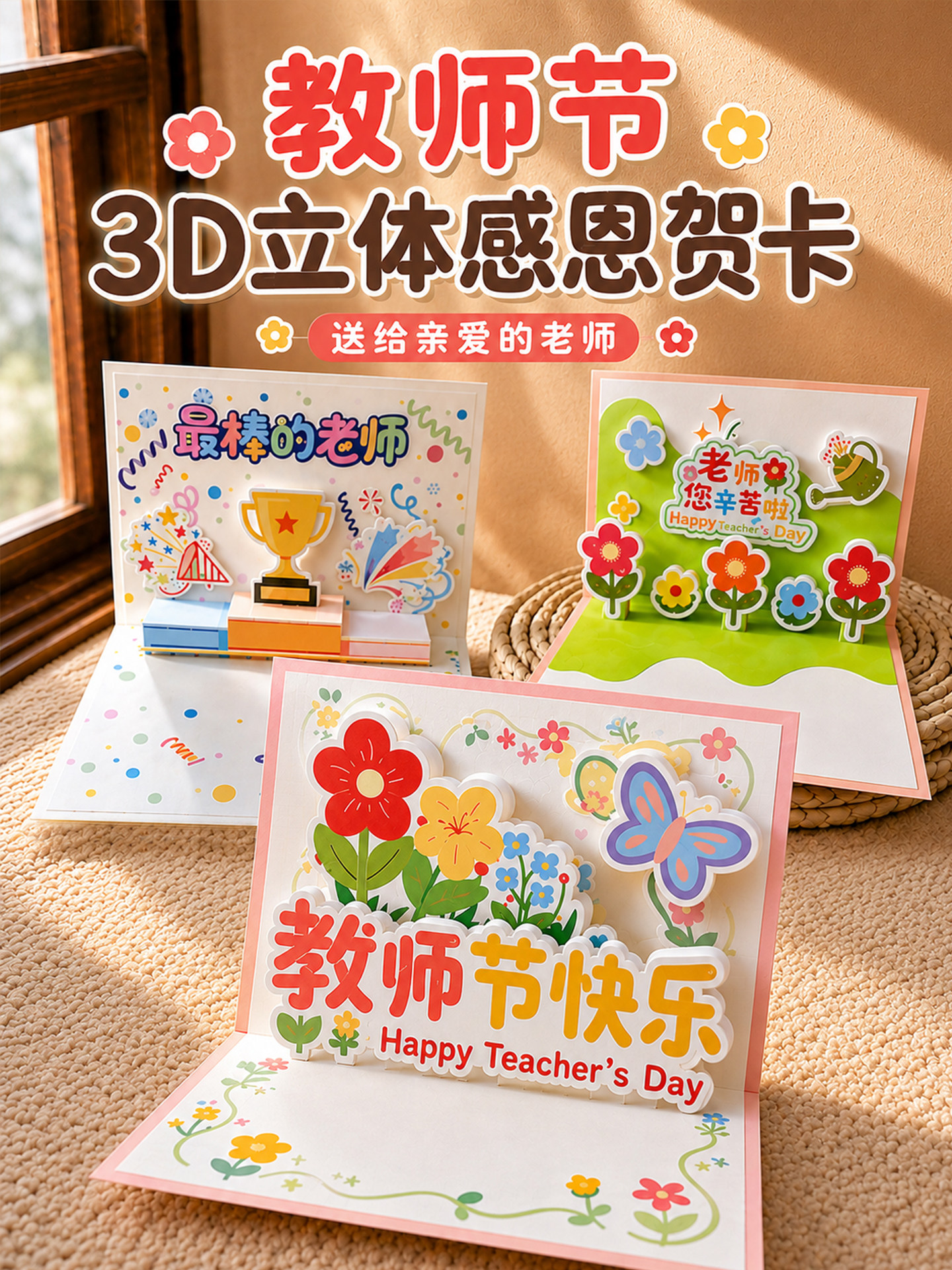 教师节3D立体感恩贺卡2026新款儿童卡通创意diy手工制作中小学生亲笔祝福老师节日快乐信封成品礼物