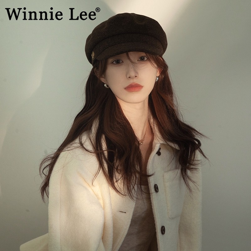 Winnie Lee日本设计师联名款黑色八角帽子女冬粗花毛呢鸭舌贝雷帽,服饰配件/皮带/帽子/围巾,手帕,淘宝优惠券,粉丝福利购,淘宝优惠卷