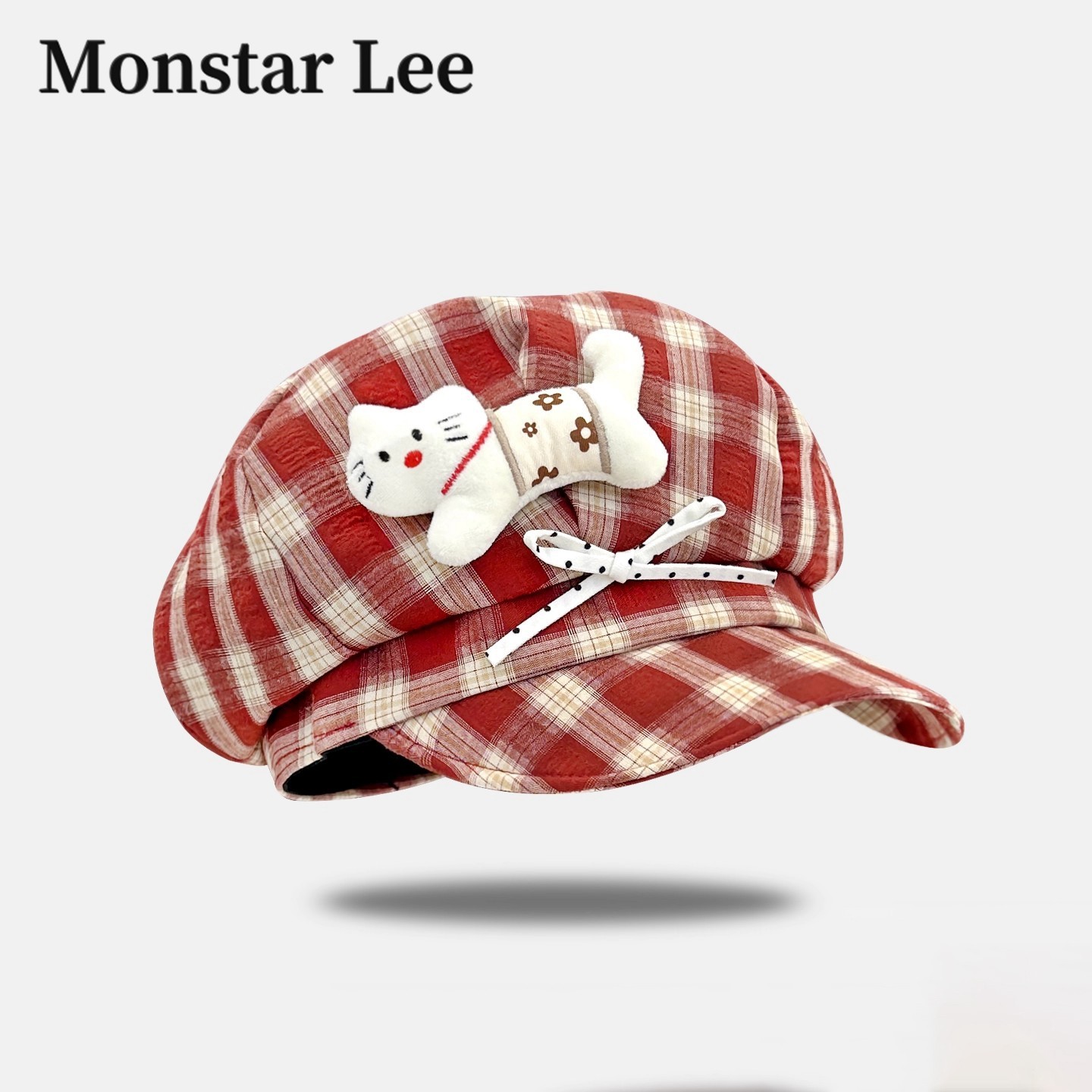 Monstar Lee日本设计师联名款小猫蝴蝶结格纹八角帽子夏季贝雷帽