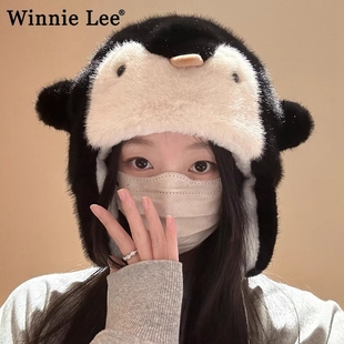 Winnie Lee日本设计师联名款企鹅毛绒套头帽女秋冬季保暖雷锋帽子