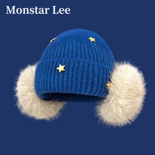Monstar Lee日本设计师联名款毛绒护耳毛线帽子女秋冬保暖包头帽