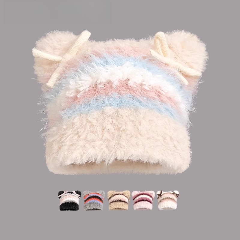 Winnie Lee日本设计师联名款条纹毛绒蝴蝶结针织帽子显脸小套头帽