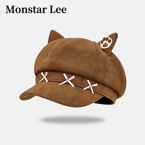 Monstar Lee日本设计师联名款猫耳朵蝴蝶结贝雷帽子女秋冬八角帽