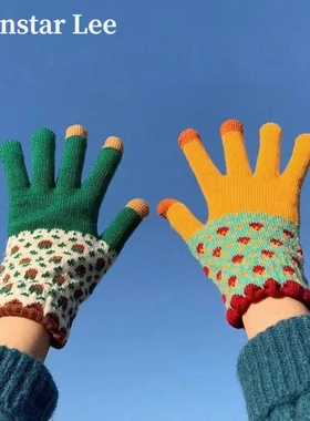 Monstar Lee日本设计师联名款多巴胺拼色手套加绒骑行可触屏手套