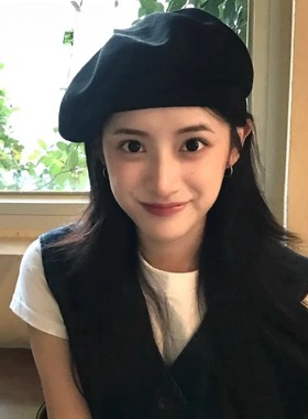 Monstar Lee日本设计师联名款黑色贝雷帽女冬毛呢帽子复古画家帽