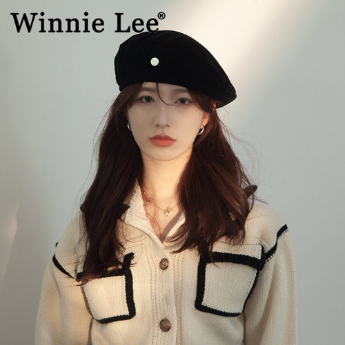 Winnie Lee日本设计师联名款黑色丝绒贝雷帽大头围云朵画家帽子冬
