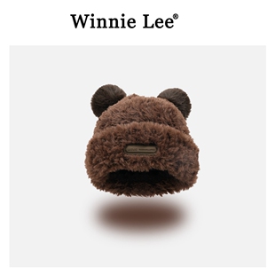 Winnie Lee日本设计师联名款复古棕色毛绒小熊耳朵毛线帽子女冬季