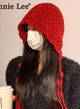 Winnie Lee日本设计师联名款红色针织毛线帽保暖包头帽绑带帽子女