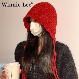 Winnie Lee日本设计师联名款红色针织毛线帽保暖包头帽绑带帽子女