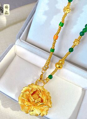 时尚手作古法沙金牡丹花绿珠吊坠项链diy葫芦彩色通孔气质毛衣链