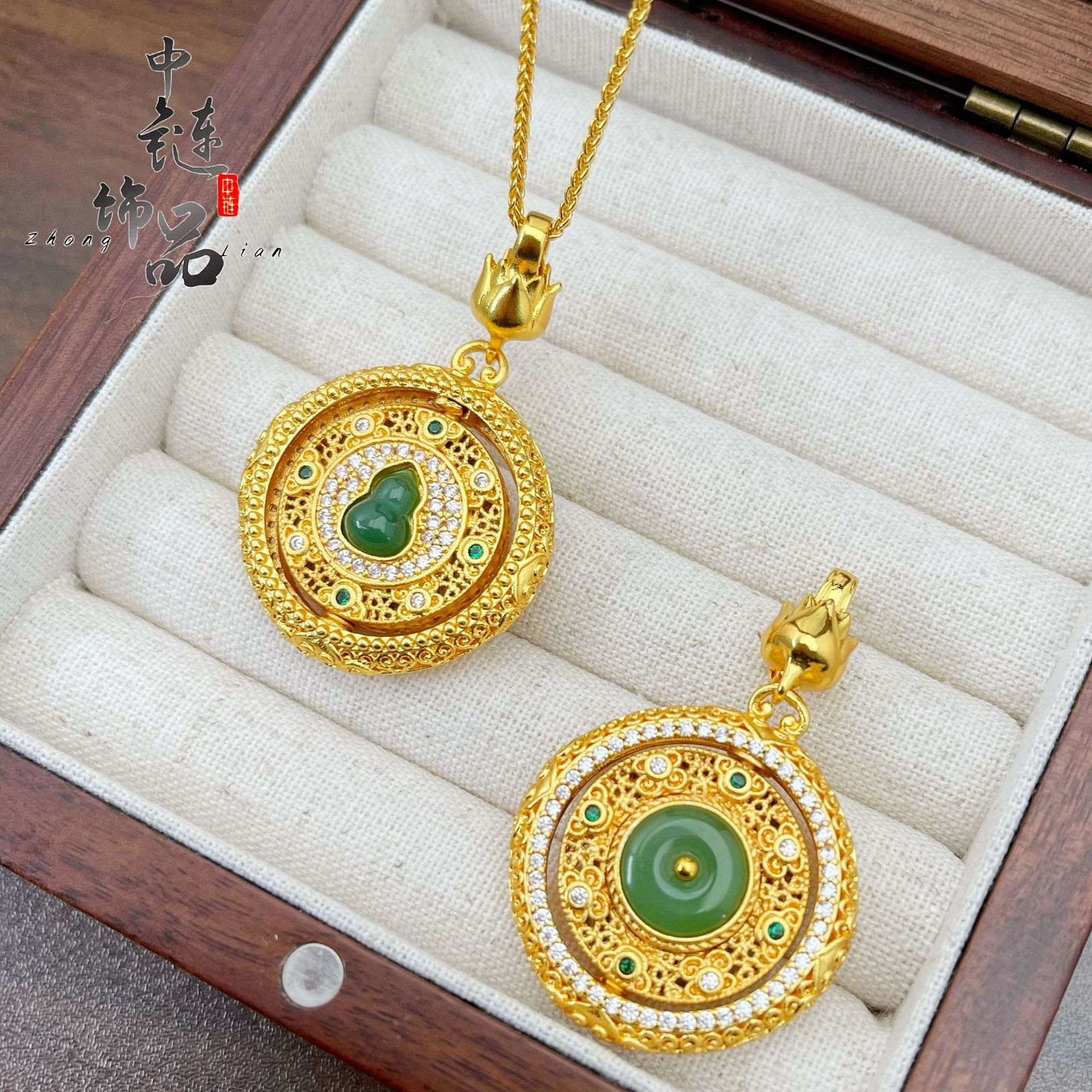 金店同款古法沙金点钻花丝葫芦平安扣吊坠可旋转金玉满堂福禄挂坠