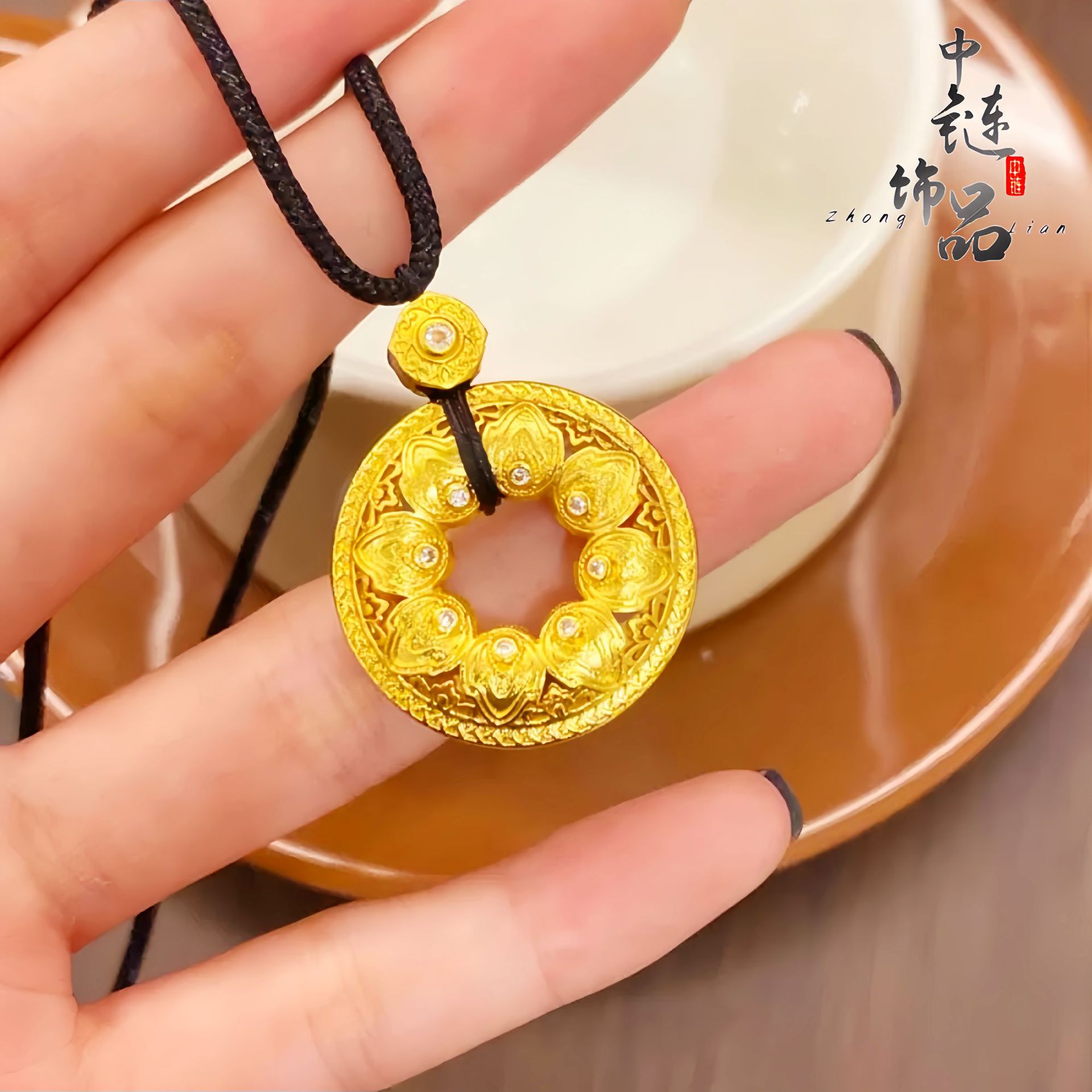 金店同款高保色古法沙金镶钻人间四美之福禄祯祥喜报三元吊坠