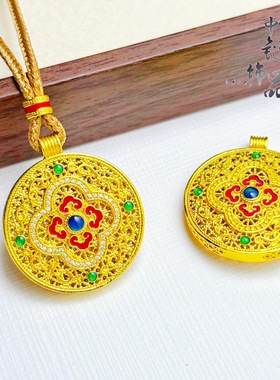 金店同款古法沙金镶钻四叶花窗罗盘吊坠 新中式国风四合如意罗盘