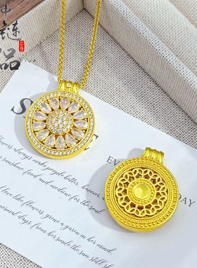 金店同款越南沙金镶钻太阳花镂空罗盘项链女 满钻柠檬片罗盘挂坠