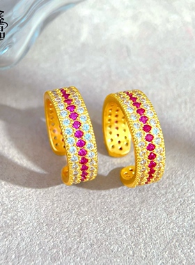 古法沙金满钻开口戒指女轻奢高级感红宝石锆石食指环百搭指环