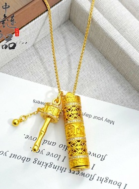 金店同款古法沙金镶钻六字真言拨浪鼓随身佛项链随身佛吊坠