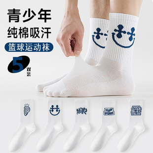 白袜子男青少年纯棉防臭中筒夏季 薄款 网眼ins潮男童运动篮球大码
