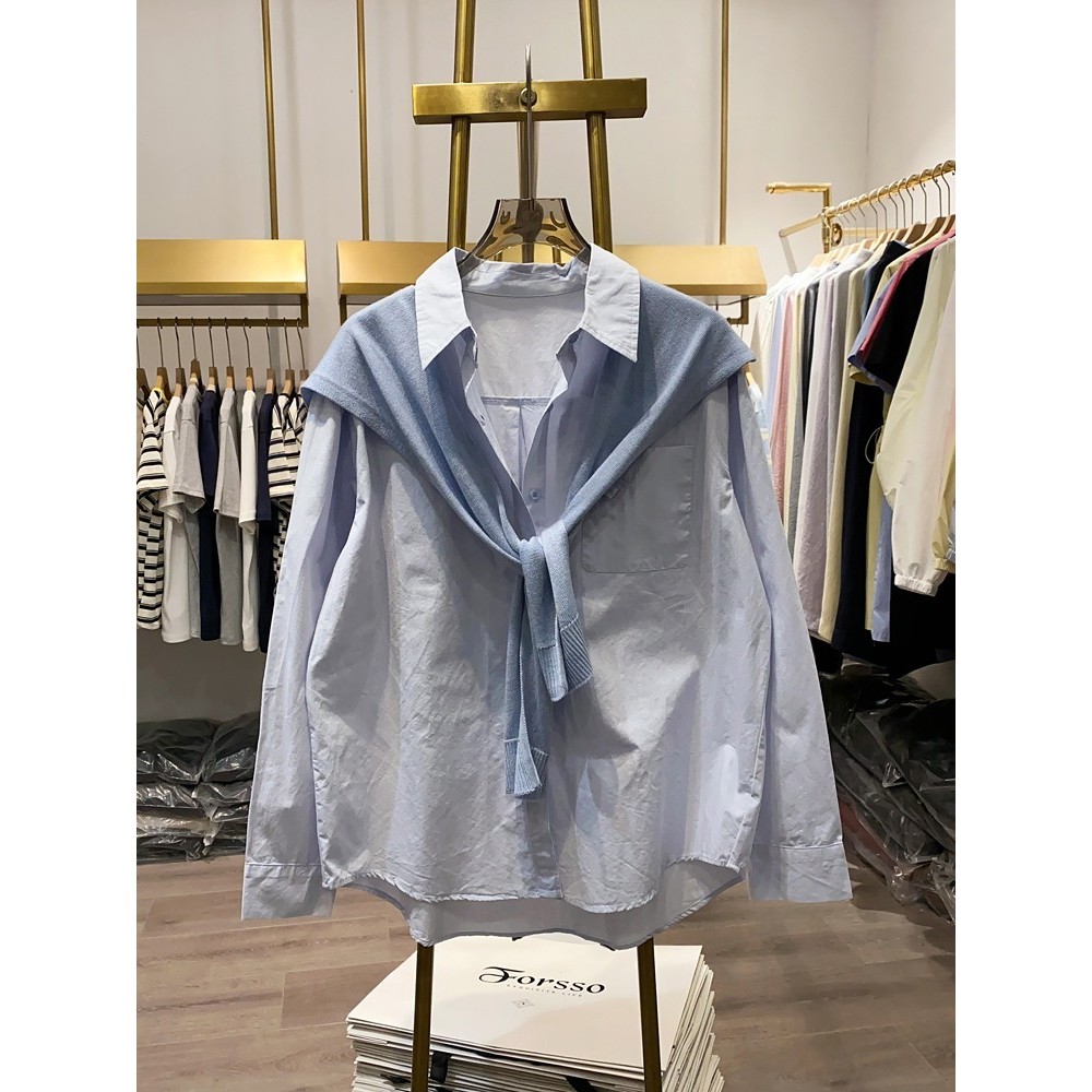 秋季新款时尚洋气百搭休闲韩版外穿别致长袖衬衫披肩两件套上衣女