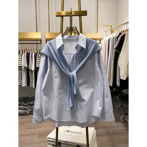 秋季新款时尚洋气百搭休闲韩版外穿别致长袖衬衫披肩两件套上衣女