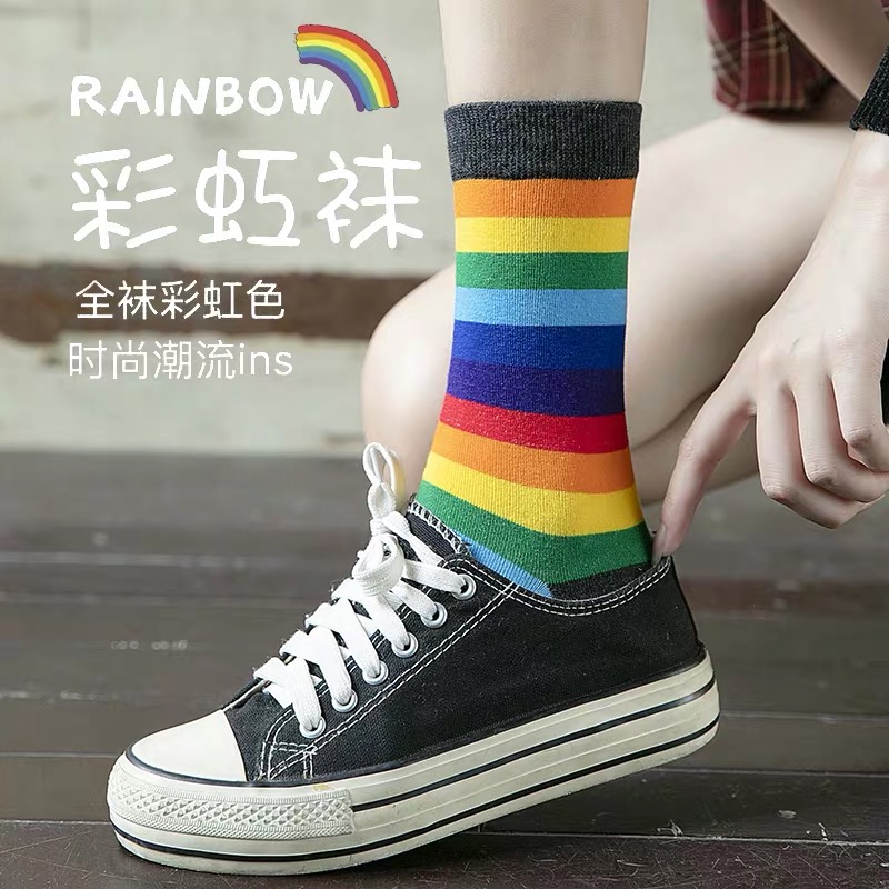 彩虹袜子女韩版糖果色条纹中筒袜个性街头运动女袜ins潮夏季网红在类目 女士内衣/男士内衣/家居服, 短袜/打底袜/丝袜/美腿袜（新）, 长筒袜中 - 来自Buy2taobao.com提供专业的淘宝代购服务