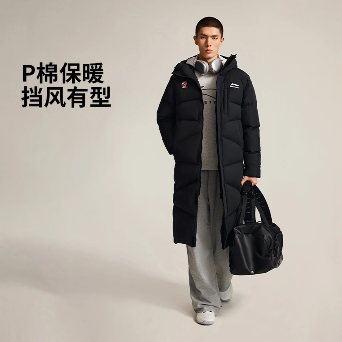 李宁长款棉服2025年冬款CBA男子防泼水保暖宽松长棉服AFMV015