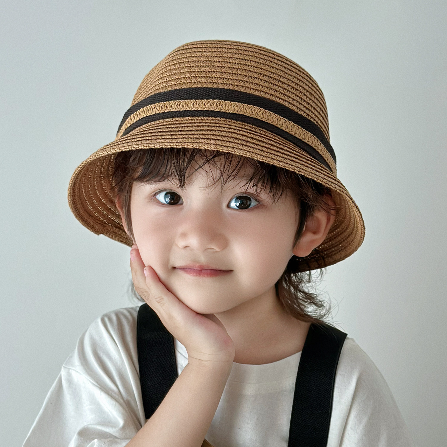 复古条纹草编帽男女童小礼帽夏季防晒遮阳帽户外度假草帽装饰造型