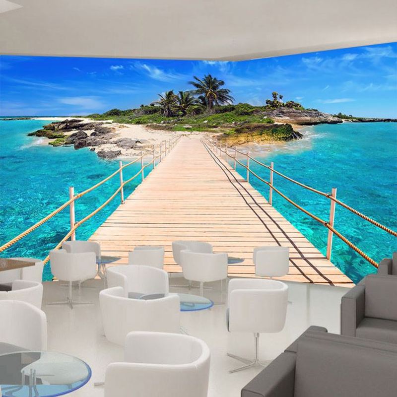 夏威夷海岛风背景墙岛屿木桥海景3d立体延伸空间墙纸大海风景壁纸