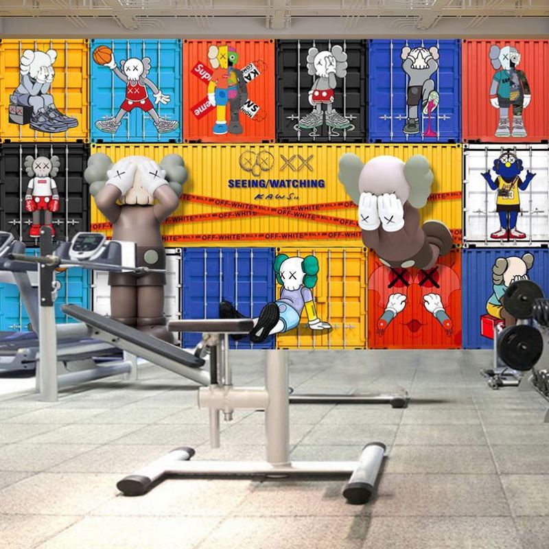 潮牌暴力熊墙纸奶茶店芝麻街公仔背景墙健身房kaws创意集装箱壁纸